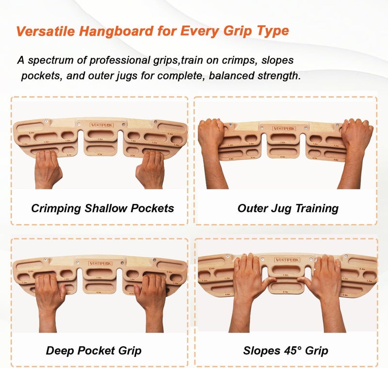 VERTIPEAK Store Wooden Climbing Hangboard with 2 Angle Slopes (15° & 45°) & 5 Depths Pockets, Rock Climbing Board for Finger Strength, Hanging Practice, Grip Endurance and Pull-up Training Indoor - Image 4